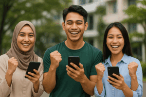 Tiga orang muda Malaysia tersenyum gembira sambil memegang telefon pintar di luar bangunan moden, melambangkan kejayaan menjana pendapatan dalam talian tanpa modal.